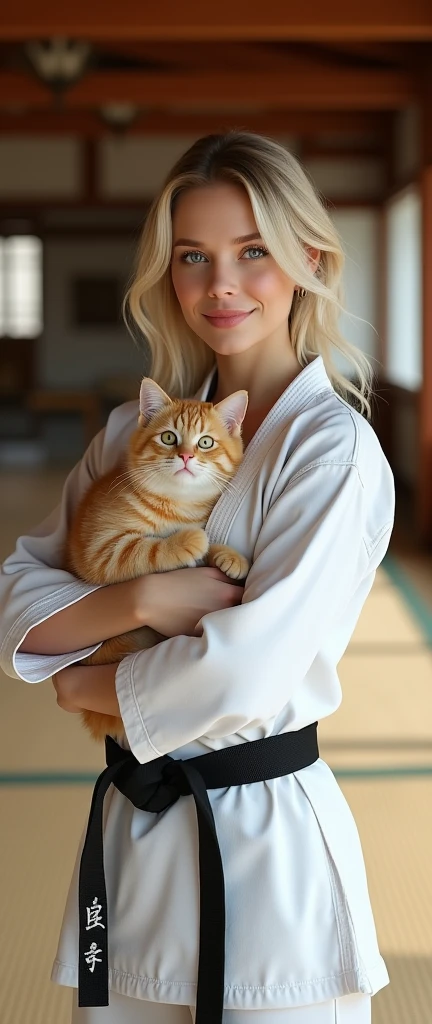 ((photogenic, photographic)), hold cat, (Scottish-hold cat, blue eye, shot hair, turn ear), Front view , Full- body,  beautiful  Scottish, 1, (blond hair, middle hair , Blue eyes, Beautiful Lips, smile), (C cup Breasts, Wide Hips) ,((Karate White clothes, Karate  White underwear,  Black obi:1.3)), At the Karate Dojo, Standing on tatami mat, Textured skin ((Surrealism, Fujicolor, Fujifilm, UHD, retina, masterpiece, accurate, anatomically correct, textured skin, super detail, high details, high quality, best quality, 8k))