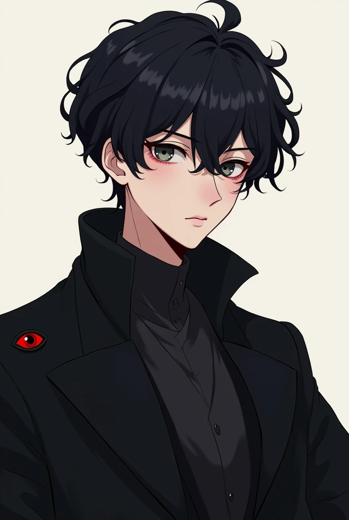 An anime-style character, Trans man, shorth hair, but at neck height, he is very effeminate, He has 1,50 tall, dark eyes and black hair and he wears a black overcoat, curly hair, in the coat part there is a little red eye on the left and it is small, just like a symbol and inside he wears a black blouse with a high collar, curly hair, he has a little dark circles.