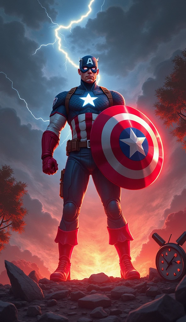Illustrate Captain America at the moment he awakens to his new power of time manipulation. The scene should be dynamic and intense, focusing on the transformation as time begins to ripple around him. Captain America stands at the center of the image, his posture strong and resolute, but with a hint of shock in his expression as he realizes the immense power he now possesses. His eyes glow with a radiant blue-white light, symbolizing the newfound power. Around him, the environment begins to distort: the air ripples in concentric waves, and objects nearby, such as rocks and debris, seem to blur and stretch, as if being pulled by the currents of time. The background should depict a partially shattered landscape, with hints of past and present colliding—perhaps a broken clock, with its hands spinning uncontrollably, or a tree with leaves in different stages of growth. Light and shadow play dramatically across Captain America’s figure, with his iconic suit catching the glow from his eyes, adding a surreal touch to the scene. In the sky above, clouds swirl in a circular pattern, mimicking the ripples of time emanating from Captain America. Lightning crackles through the clouds, illuminating the scene with flashes of light. The overall atmosphere should be one of raw power and awe, with a sense of the world bending to the will of this new, uncontrollable force