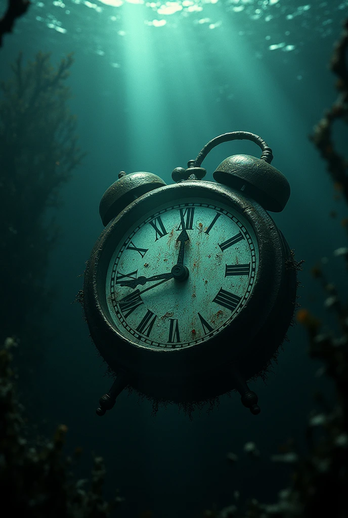 Clock broken in half sunk in the dark bottom of the sea