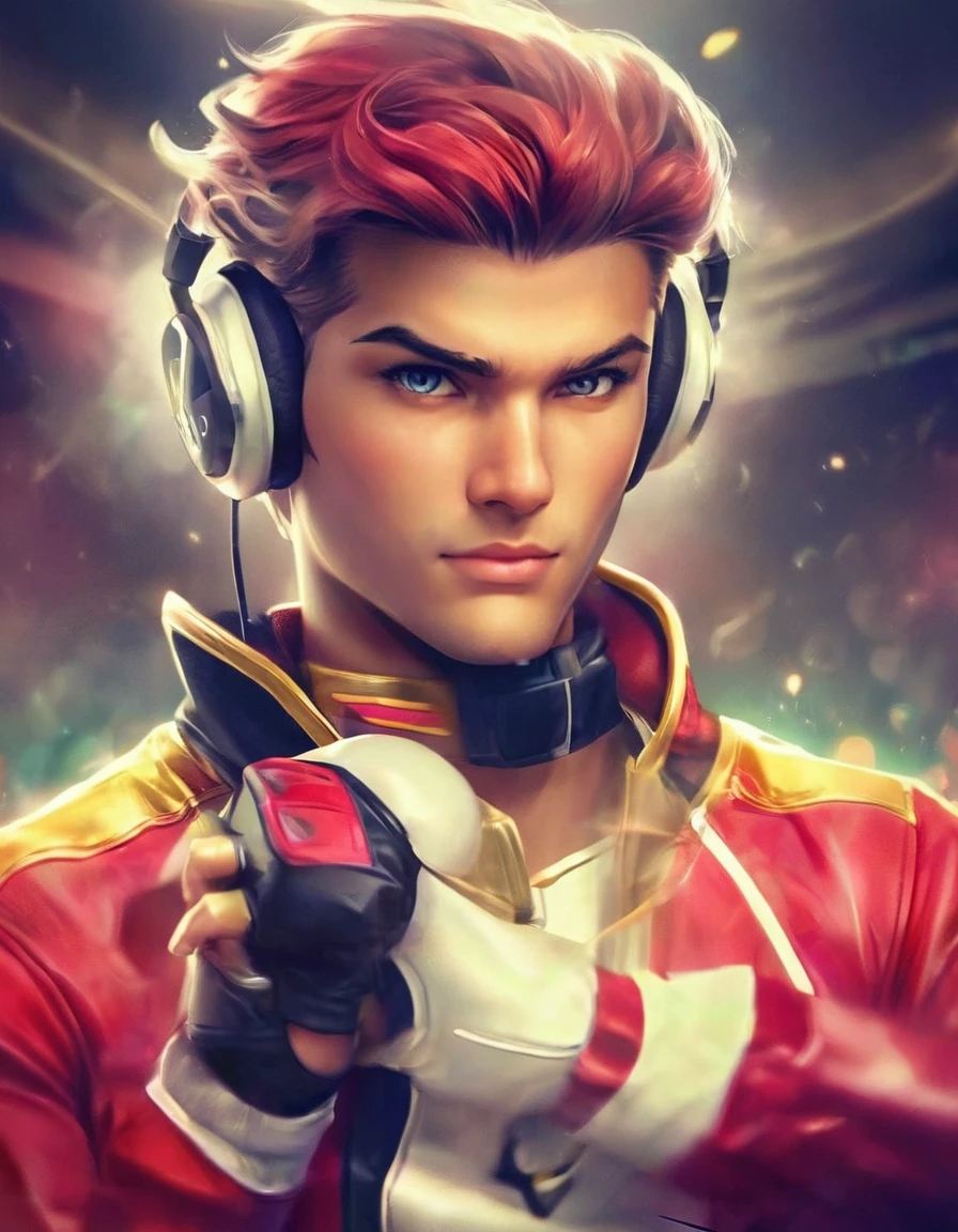 A  boy who has a Joline is giving a pose like an Esport T1 player, which he stands up and raises his head a little and the index of his right hand and middle finger is above his ear and his background Gaming Colors 