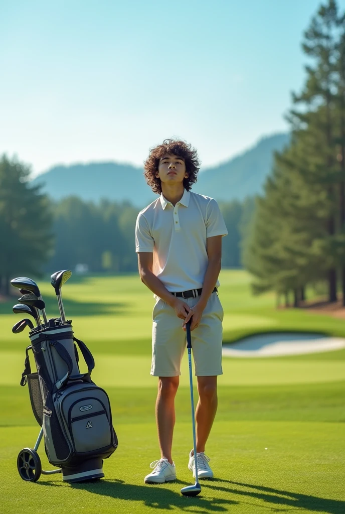 Photography of a 20 year old Asian guy with long curly hair wearing a t-shirt, shorts, golf shoes, holding a golf club with complete accessories on a golf course.