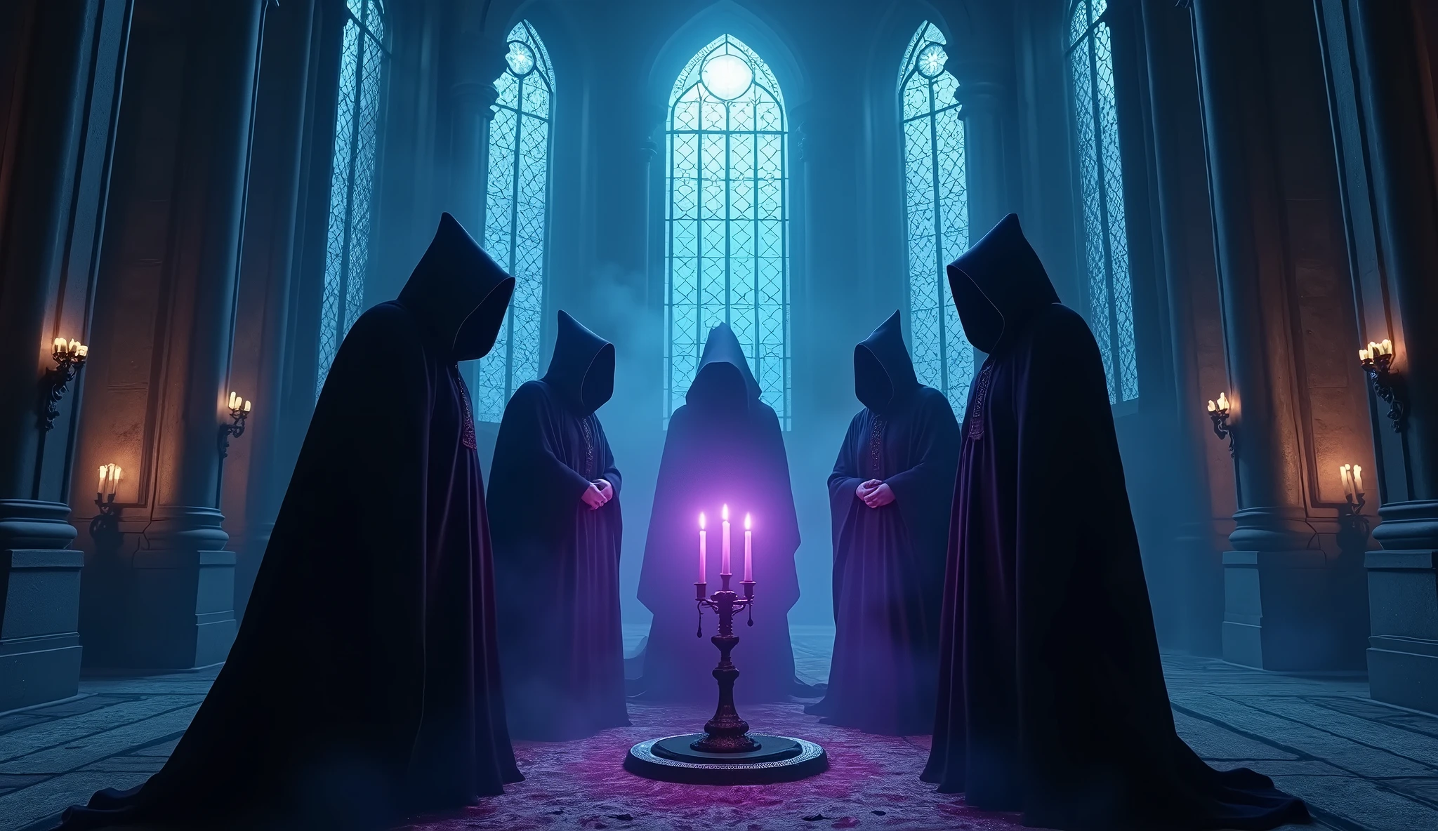 8k、 big blue moon ,zoom up(number々の賞を受賞したmasterpiece、Incredible detail、Texture、Maximum details),purple flame candle, (summoning magic),(The moonlight at night is beautiful), (Demon King's Castle),(dark organization)arafed image of a group of people in a church with candles,lit candle, dark cinematic concept art, elegant cinematic fantasy art, photorealistic dark concept art, by Beeple, dark robes, wojtek fus, gothic epic library concept, gothic epic library, epic cinematic concept art, dark concept art, Beeple and mike winkelmann, symmetrical epic fantasy art, High resolution, masterpiece, Highest quality, Intricate details, Very detailed, Clear focus, practical skin texture, texture, Shot with Canon, 85mm, Shallow and deep, Kodak Vision Color, Exactly, Very detailed, photograph_\(Extremist\), photographpractical, practical, Post-processing, Maximum details, Roughness, Real Life, Extremist practical, Photorealism, photographgraphy, 8K Ultra HD, photographgraphy