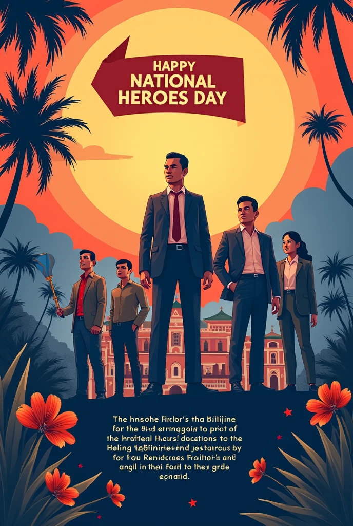 National Heroes Day from the Philippines with a banner on the top that Say "Happy National Heroes Day" then put a quote on the lower part about National Heroes. Do not use a mosque