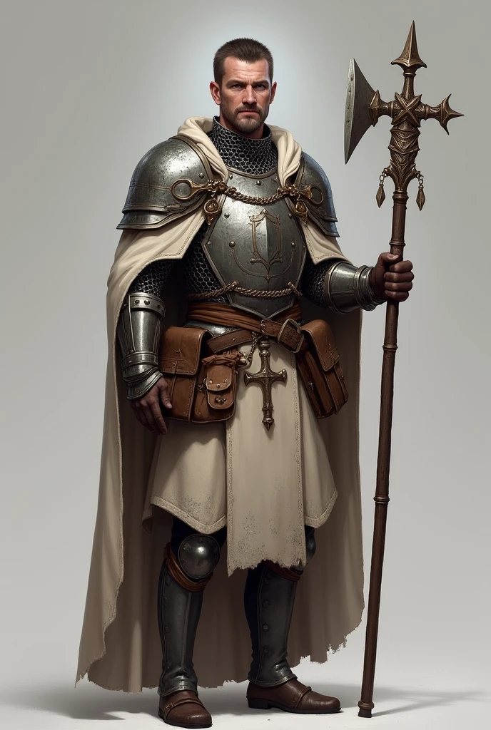 An RPG cleric with light chain mail armor, a staff with a cross on the end, a hammer on the waist, gray background and a bag at the waist, Please 