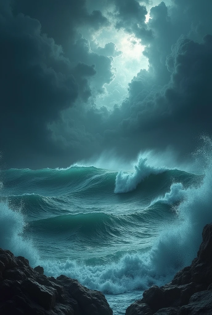 the image inspired by the poem "Go" by Carlos Angeles. Portrays the turbulent sea, crashing waves, and dark, Stormy sky, reflecting the poem's themes of the power of nature and the transitory nature of life.