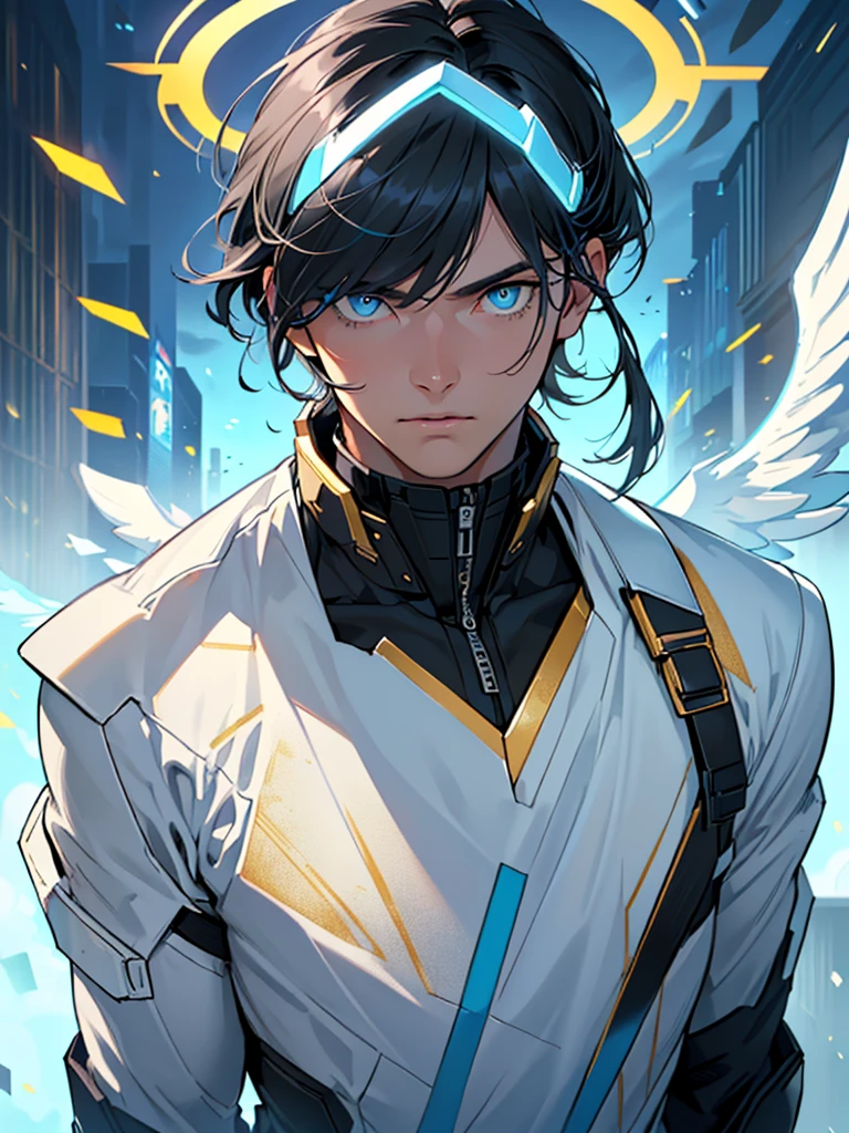 ((Maximum quality, work of art, 4K, finely detailled, detailedeyes, face detailed, gelbooru, pixiv)), warm lighting, ((standing alone)), 1 men, bonitas, masculine, adult and mature man, broadshouldered, Close face ((short black hair with white and blue streak in the bangs, bangs in the eye, Halo), portraite, gentle face. looking at the observer, ((calm eyes, half covered, blue eyes with white pupils)), wearing a black and blue and gold suit, having blue wings), city background in angelic sky