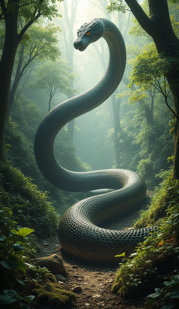a giant titanoboa snake is crawling in a dense forest, long and huge in size, the forest is tiny under the snake