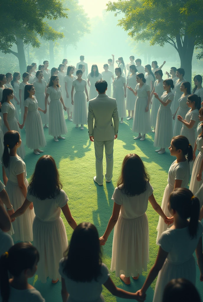 Generate an image where a circle of girls all holding hands appears and in the middle of the circle is standing Suga from BTS. And outside the circle are other people trying to take photos of Suga. That in the middle of the circle Suga comes out alone and sad