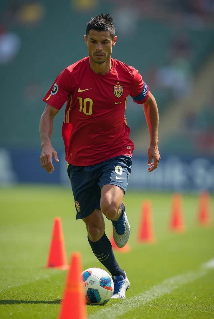Entraînement Intensif** :
"Cristiano Ronaldo s'entraînant sur le terrain, réalisant des exercices de vitesse et d'agilité. Il est entouré de cônes d'entraînement, avec une expression sérieuse et déterminée. Mots clés : Cristiano Ronaldo, entraînement, vitesse, agilité, détermination."