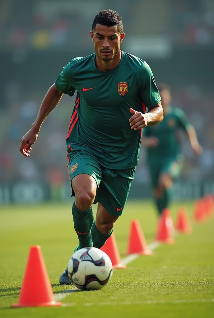 Entraînement Intensif** :
"Cristiano Ronaldo s'entraînant sur le terrain, réalisant des exercices de vitesse et d'agilité. Il est entouré de cônes d'entraînement, avec une expression sérieuse et déterminée. Mots clés : Cristiano Ronaldo, entraînement, vitesse, agilité, détermination."