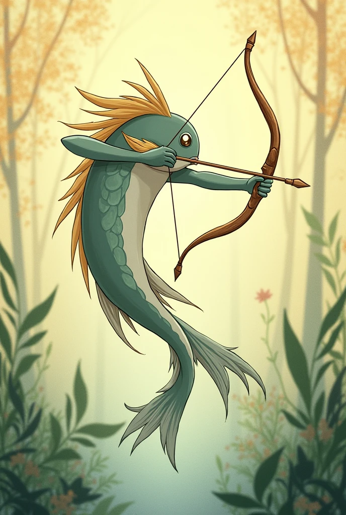  Hi, give me an image of the fish bow referring to a fish with a bow and arrow, as if it were the fusion of Sagittarius with Pisces, but it should be in the Studio Ghibli style, do it without horns
