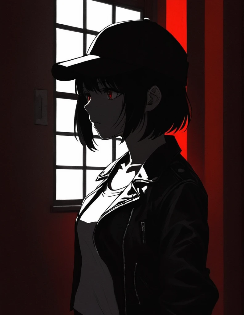 Anime girl with (short black hair:1.1), black baseball cap, Black Front-Open leather Jacket with white tank top, black trousers, upper body, (silhouetted against a red, window-lit hallway:1.3), mysterious aura, dramatic shading, high contrast, intense and somber mood, (text overlay: ".is you.":1.1), psychological thriller vibe, (shadowed face with a hint of light on eyes:1.2), suspenseful atmosphere.