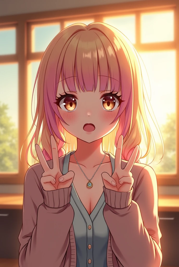(((anime))), ((animated)), (GAL), medium hair, (braid hair:1.3), (blunt bangs:1.2),two-tone hair, blonde hair, (pink hair), round face, red eyes, (drooping eyes), (((tareme))),Pink Lip,piercing,necklace,[black skin], light smile, ((((cute)))), beautiful, 1 girl, solo, (cardigan:1.4), [cleavage cutout],peace sign,beautiful background,(classroom:1.5),evening,sunlight,backlighting,masterpiece,best quality,exquisite,8k,absurdres,super fine illustration,(looking at viewer)