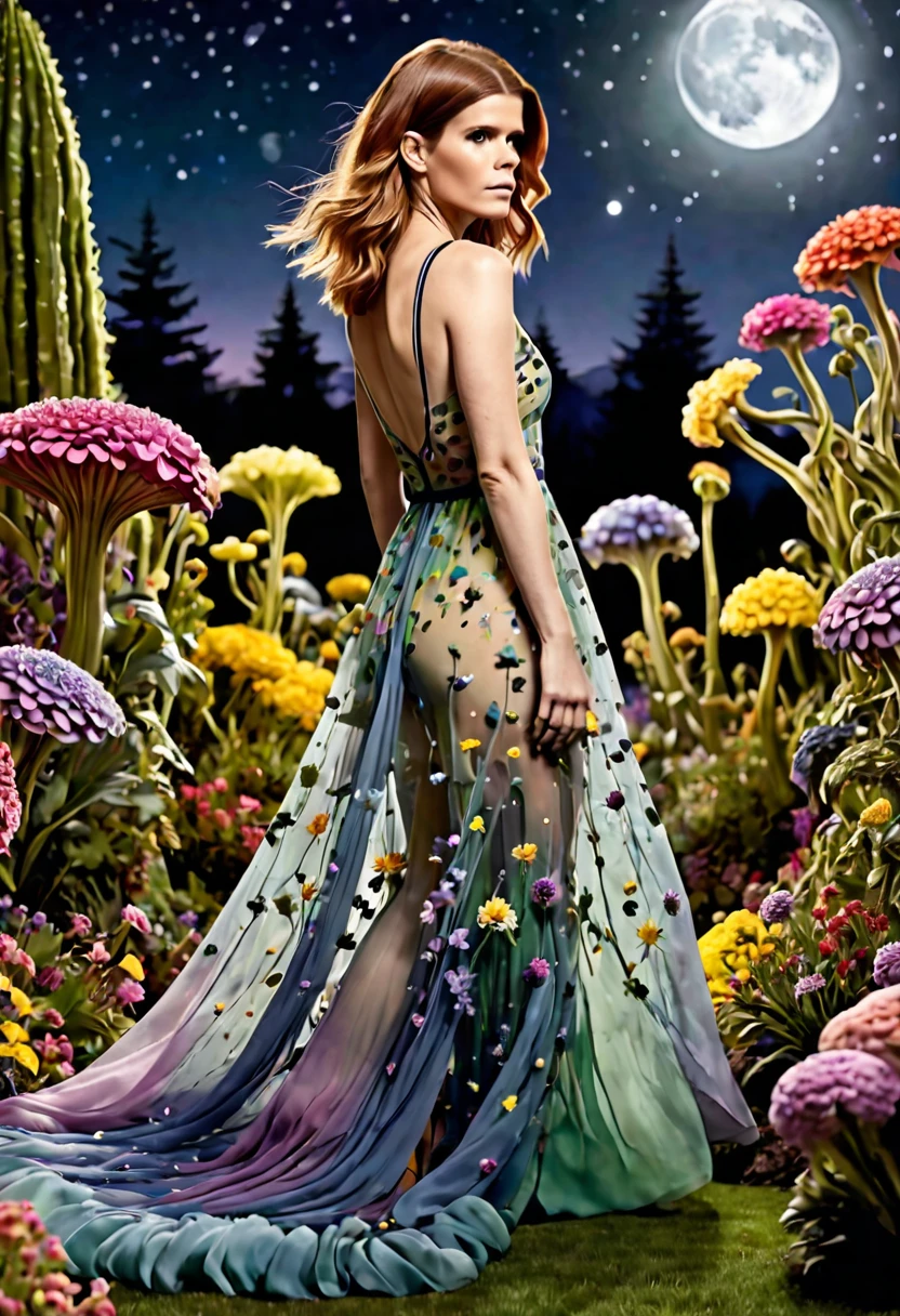 Kate Mara (sheer colorful gown, no underwear), she is nervously tip toeing through a (alien rape tentacle) flower garden in full bloom on a moonlit night, timid poses, mainly viewed from behind