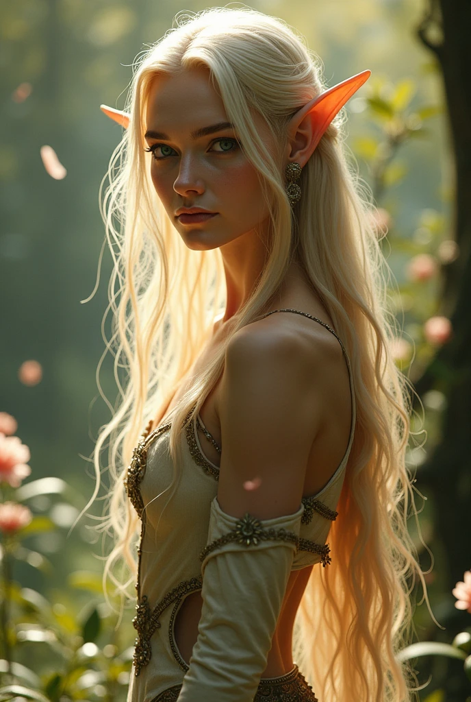 Beautiful elf girl, long long long long long beautiful blonde hair, soft eyes, heart shaped lips, sexy body