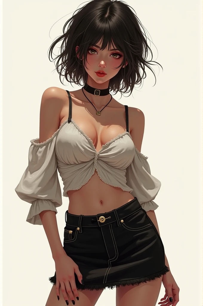 Girl with short shoulder length hair wearing a mini skirt, strap blouse, a little disheveled but looking very sexy
