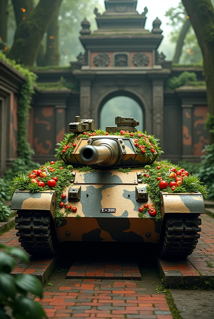 The T90 tank has a fierce pattern, is very scary, has a lot of bomb shields around it, is a plate of Thai food, and is in a forest temple.