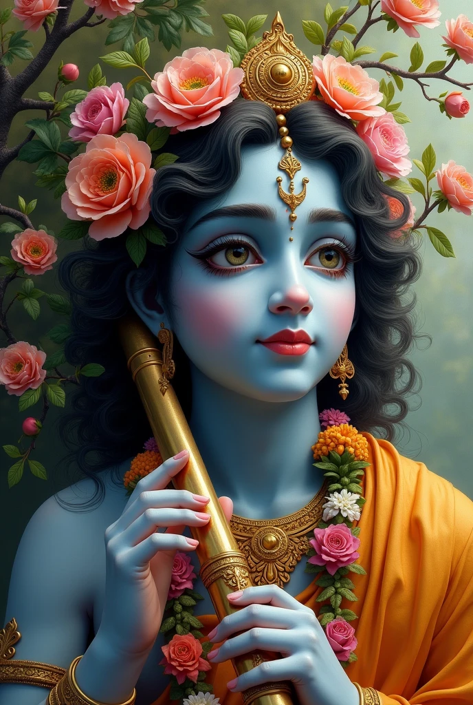 Krishna , one peacock, flute in hand, only face,flower tree,