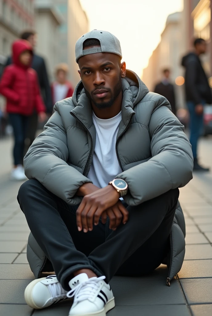 best qualityer:1.4), (ultra high resolution:1.2), (photorrealistic:1.4), (8k, CRU photo:1.2), 1 young black man, 20 years old. he is wearing a white shirt, gray puffer coat on top. He is wearing black jeans. Corte de cabelo buzzcut. He&#39;s wearing a gray cap backwards. He is wearing white Adidas sneakers. He is sitting on a sidewalk. Corte de cabelo buzzcut. thin build. It&#39;s not blurry in the background. thin build. In the background there are movements of people and children. thin build. has 1.75 tall. There is a sun . best qualityer:1.4), (ultra high resolution:1.2), (photorrealistic:1.4), (8k, CRU photo:1.2), 