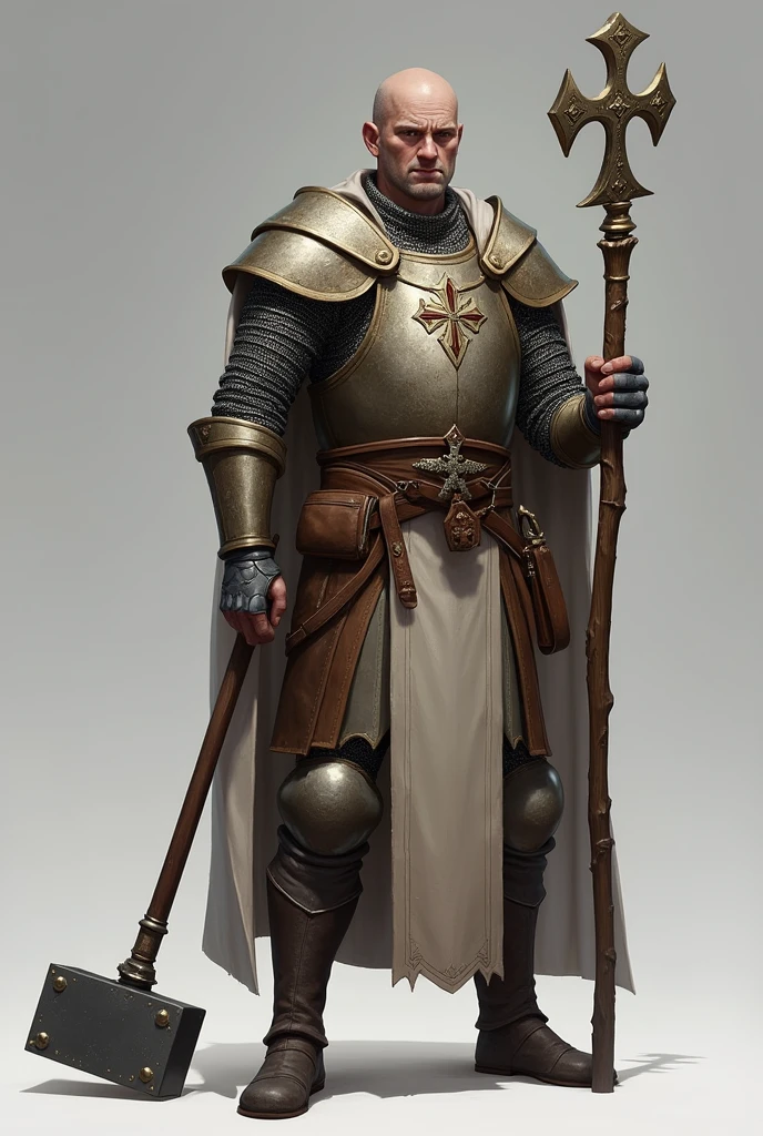 An RPG cleric with light chain mail armor, a staff with a cross on the end, a hammer on the waist, gray background and a bag at the waist, Please 