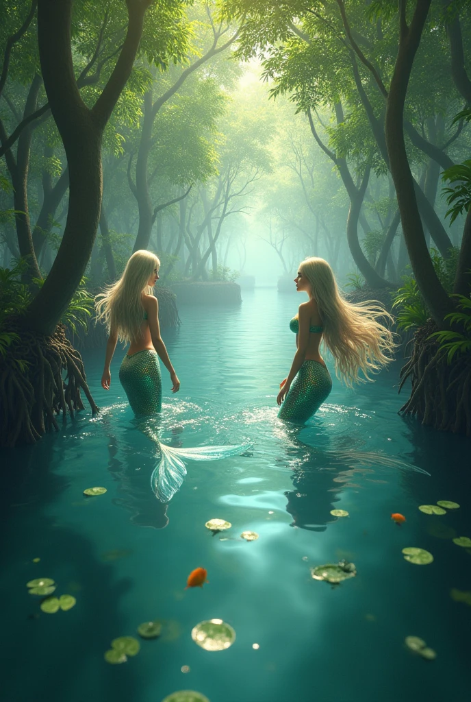 Mangroves with swimming mermaids