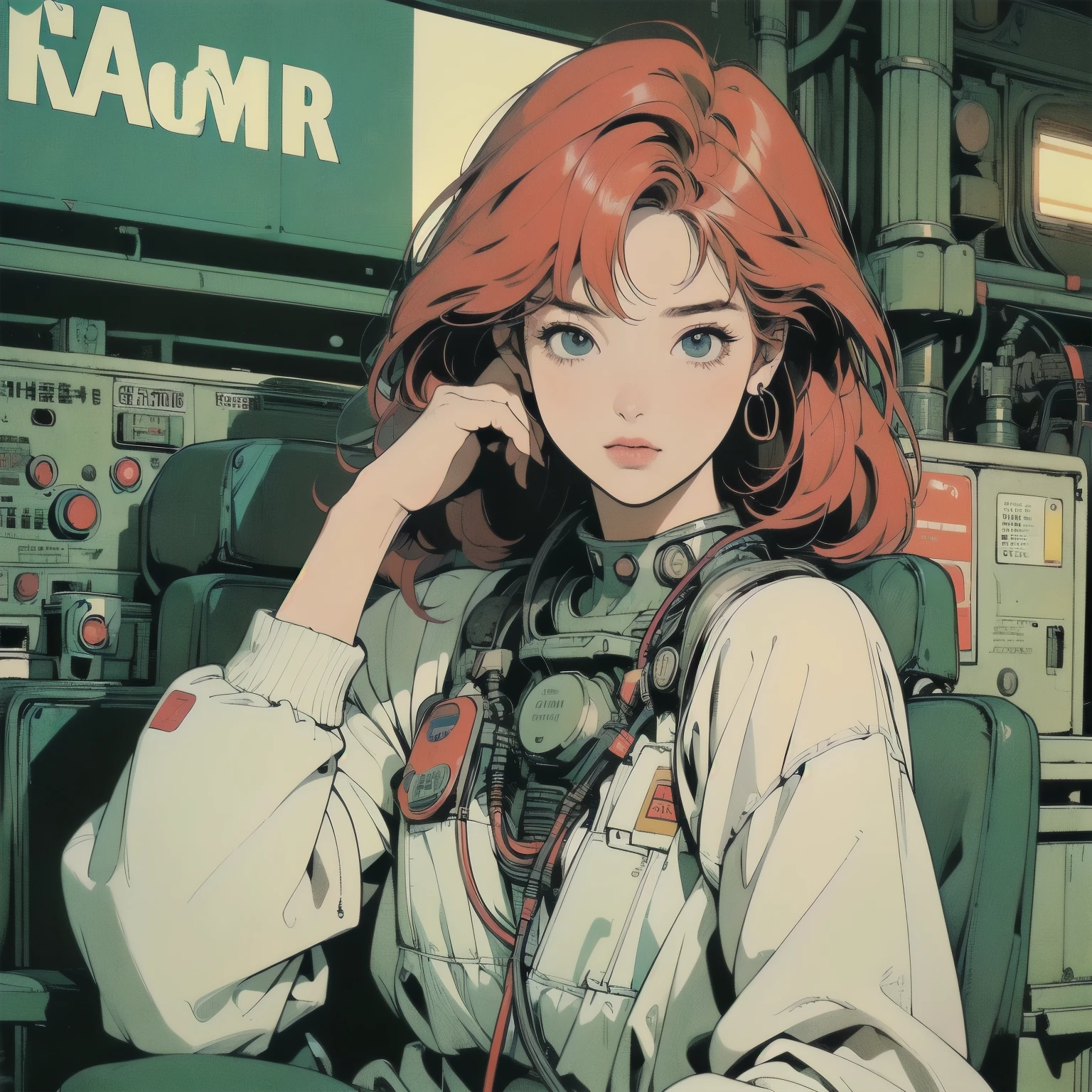 (((masterpiece, Highest quality)))、(((32K Wallpapers)))、The most detailed machine、((Outdated machinery and a woman)))、The most detailed background、(((Flat Chest)))、(((Surrounded by many complex, sophisticated, Outdated machinery)))、Upper Body、 (one person:1.2), ((Overall colorfully))、A perfect Outdated machinery、(((Perfect Face)))、(((The most complete Outdated machinery)))、Detailed Hair、(((White space suit)))、(((a lot of billboard))), (((Lots of cables)))、(((Sit on a chair)))、engine、red Hair、(((signal machine)))、クローズアップ