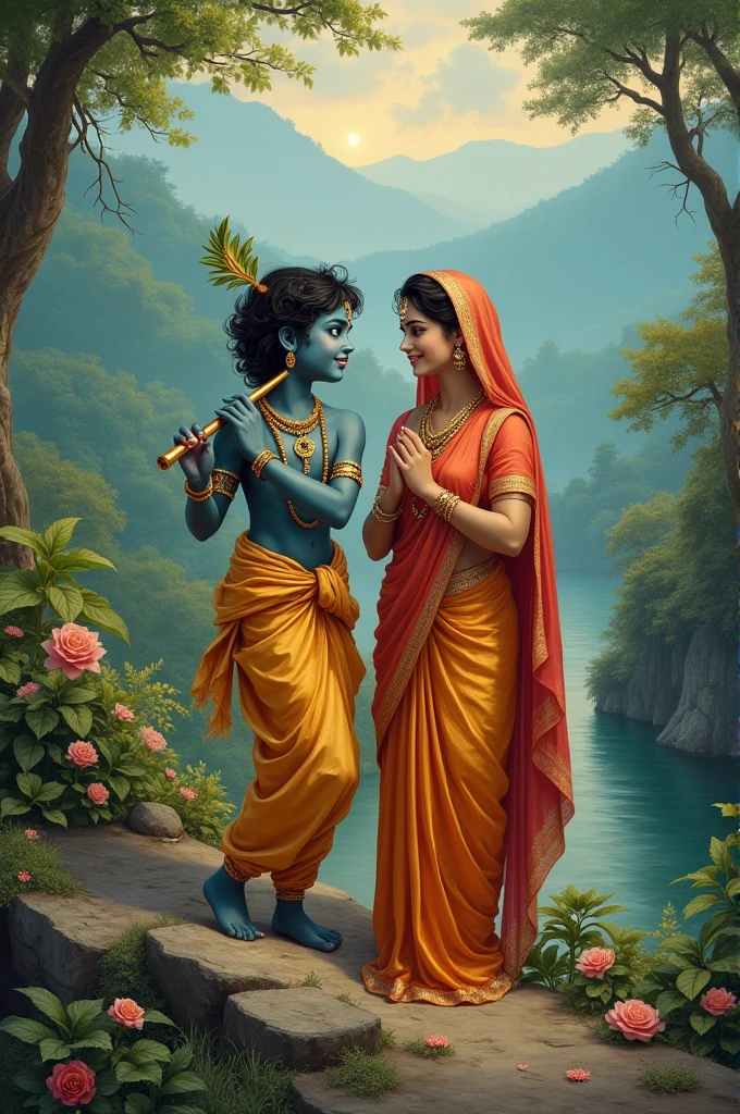 Little lord Krishna take a flute in the hand and with her Mather