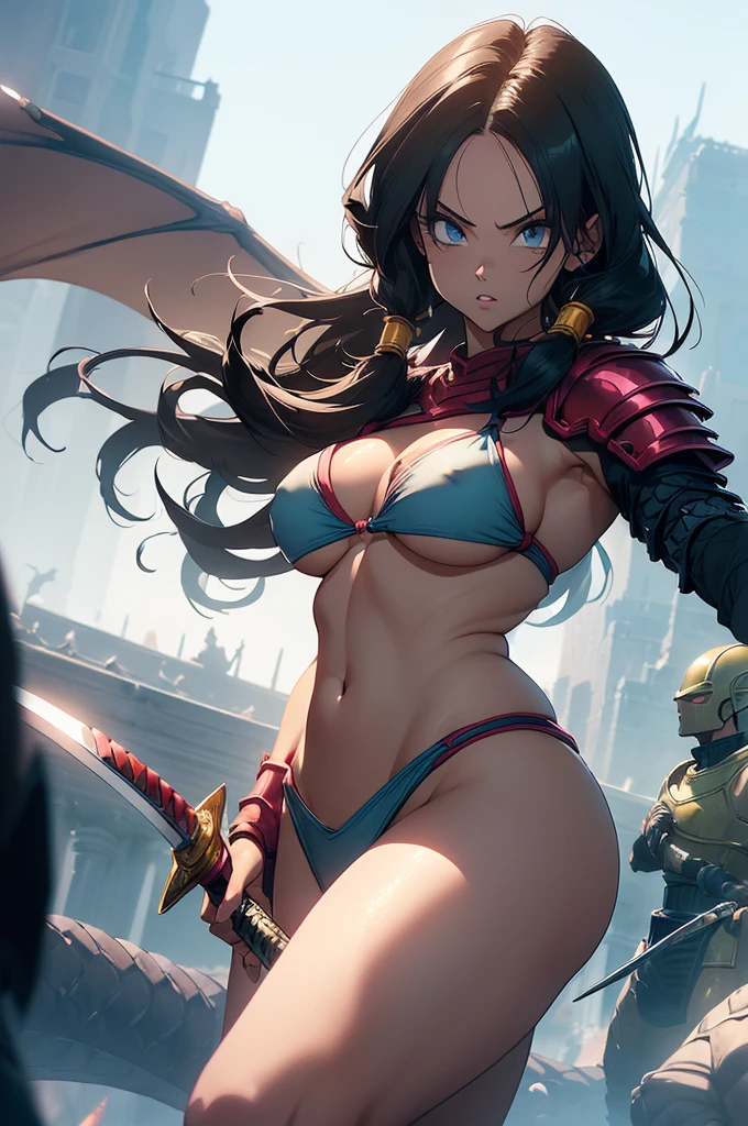 (Highest quality,4K,High resolution,masterpiece:1.2), (Ultra-detailed), (Slender beauty)(Age 27)(Holding a sword:1.3) (Dynamic Art), (looking at the camera) (Dragon Ball Z setting), (The whole body is visible)(Vision:1.8), (Realist,photoRealist,photo-Realist:1.37), (High resolution,High resolution), (Portraiture), (Vibrant colors), (Long legs), (A noticeably elongated face), (Wide range) (Hermosos Fine grain), (Beautifully detailed lips), (Highly detailed eyes and face), , Bright eyes Dynamic angles and postures, Sweatびっしょり, Sweat,  (Long eyelashes), (Sharp focus), (Physically Based Rendering), (8 heads,Beautiful female warrior), (Mature Woman) (Leg spread), (intense), (expression of intense desire), (Motion Blur), (elegant), (Slim figure:1.3), (Inspired by anime), (Bright light), (Cinema Lighting), (Contrasting colors), (Mysterious atmosphere), (Action-packed scenes), (Unique Look), (impressive), (Reveal costumes), (Exciting), (Expressive), (Interesting atmosphere), (monster:1.4) ((Highest quality)),((Very detailed)),masterpiece,Absurd,Detailed face,Beautiful Face,(Fine grain, Deep Eyes),((Dynamic pose)), (((Long white hair,Adult beauty,Inspired by Akira Toriyama))),(((Bikini Armor))),grassland,((In battle with dragons,)),Distant view	Vision
Wide shot	広角
Long shot