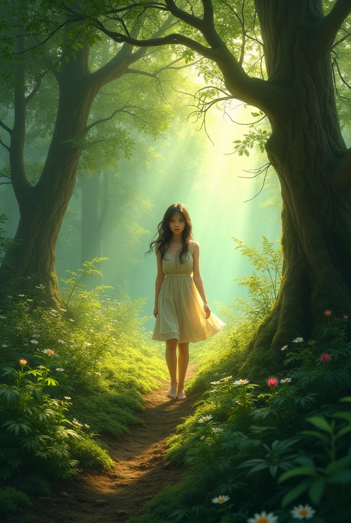 A single young lady walking on dense forest alone 