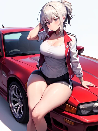 masterpiece, best quality, ultra-detailed, illustrator,1girl, White hair tied back , white tanktop, Wearing a red and white jacket, Short black sport pants, white shoes, blush, big breasts, Big thigh, Look to the Lower, simple background, solo, very sexy, shy expression, cute, white background, Smiling cute, Selfie photo poses, pose sitting on the hood of a car, Nissan skyline r34