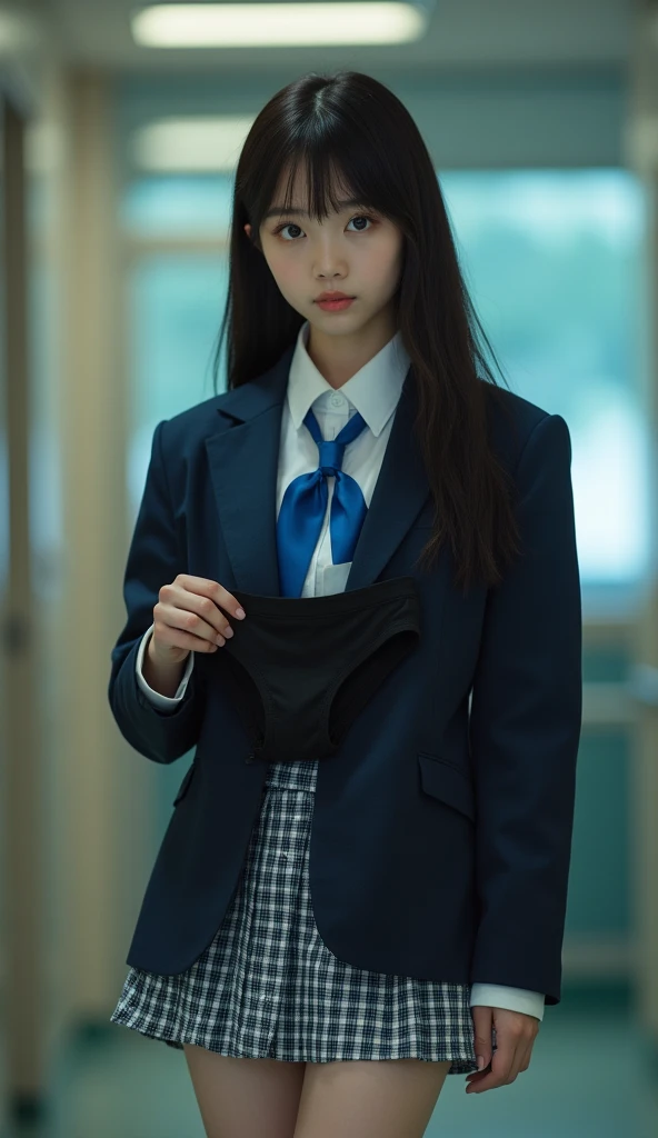 Ultra-realistic, Wide Shot, 1. Female, Japanese Teen, Straight Long Hair, Big, sharp eyes shining brightly, Long eyelashes, A navy blue blazer uniform with a blue ribbon tie over a white dress shirt, Checked mini skirt, White calf socks and white sneakers, Holding black Puma underwear in hand、, Chiaki Kuriyama, Gogo Yubari, Kill Bill, indoor, Bokeh effect, Depth of written boundary, Ultra-realistic, Professional photography, Cinema Lighting