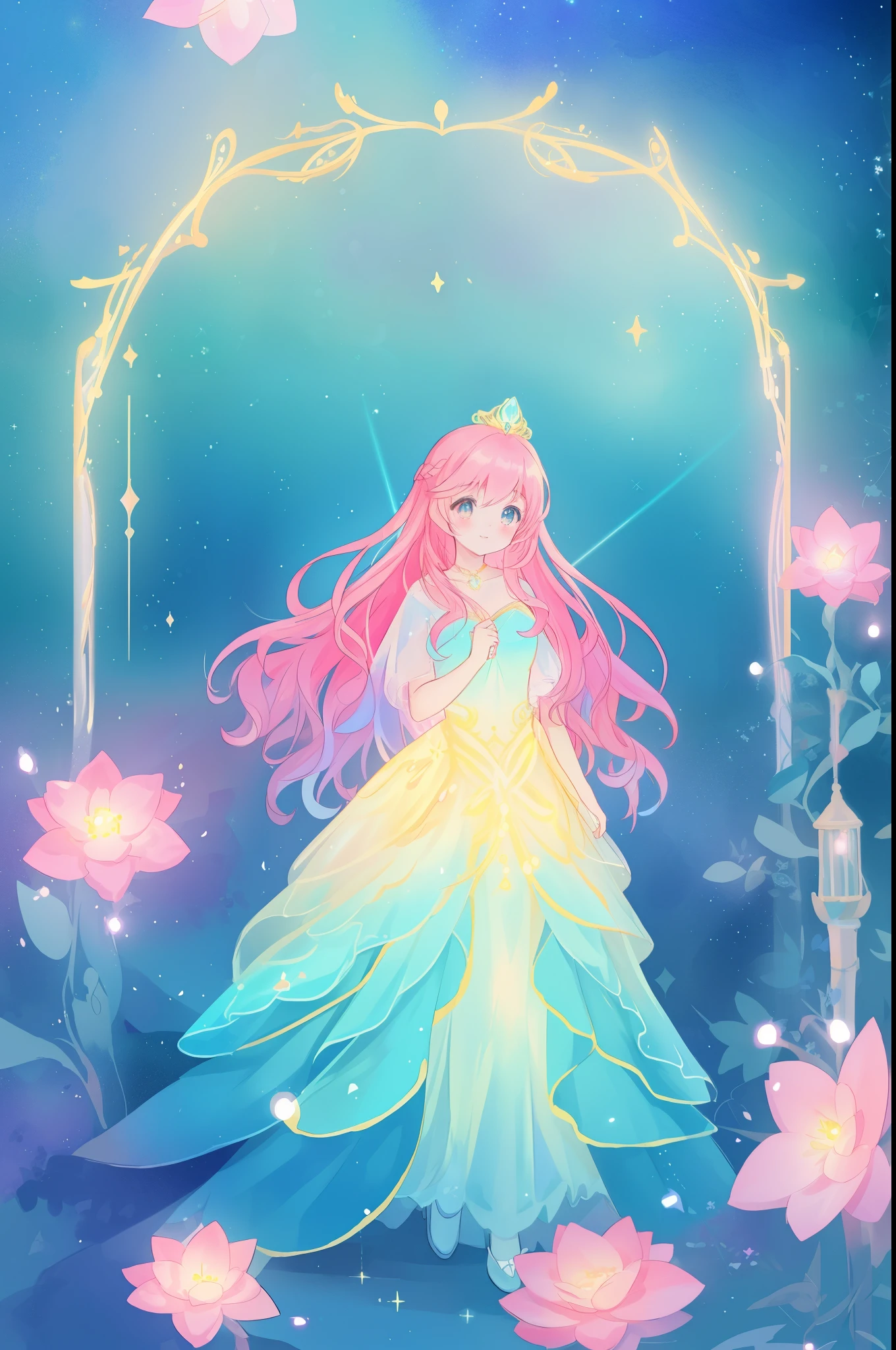 beautiful anime girl in flowing layered ballgown, vibrant pastel colors, (colorful), magical lights, magical flowers, flowers, glowing lights, red pink long wavy hair, sparkling lines of light, inspired by Glen Keane, inspired by Lois van Baarle, disney art style, by Lois van Baarle, glowing aura around her, by Glen Keane, jen bartel, glowing lights! digital painting, flowing glowing hair, glowing flowing hair, beautiful digital illustration, fantasia background, whimsical, magical, fantasy, beautiful face, ((masterpiece, best quality)), intricate details, highly detailed, sharp focus, 8k resolution, sparkling detailed eyes, liquid watercolor