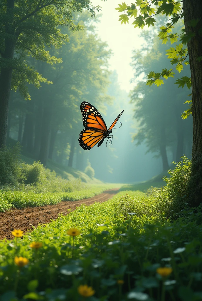 butterfly flying between an agricultural field and a forest