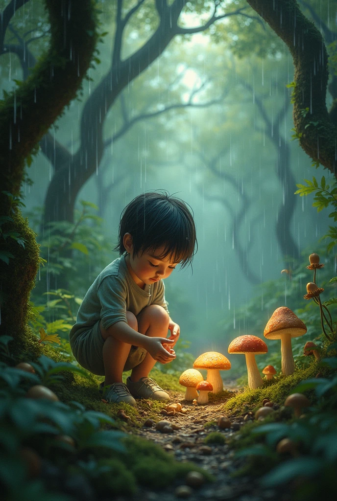 A collecting mashrum in forest in rain