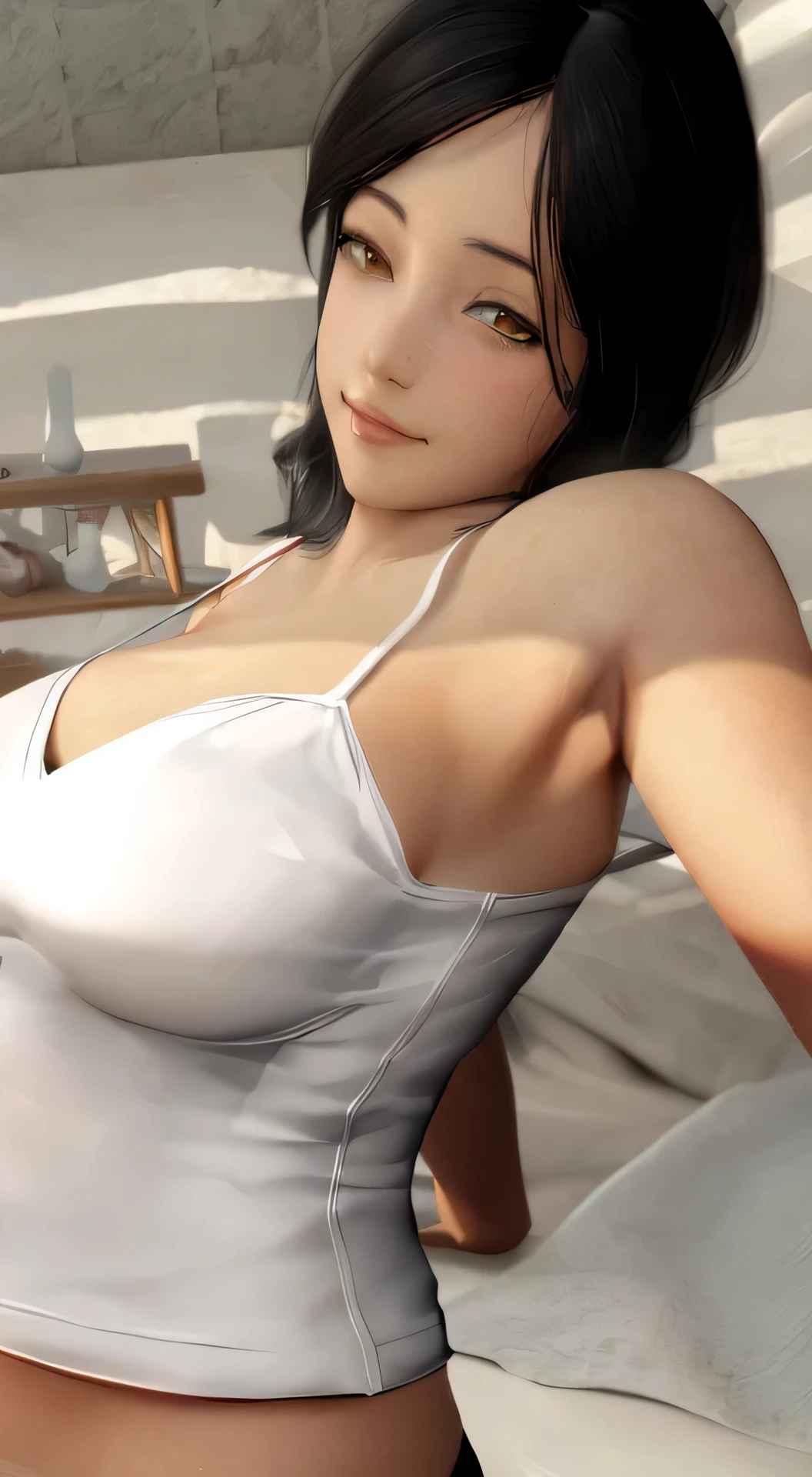 there is a woman in a white top posing for a picture, photorealistic anime girl render, realistic shaded perfect body, rendered in sfm, highly detailed soft lighting, [ 4 k photorealism ]!!, [ 4 k photorealism ]!!!, tifa lockhart, 3 d anime realistic, seductive tifa lockhart portrait, tifa, weavy hair, realistic soft lighting, smooth skin, aroused armpits texture look, good eyes quality, yellow bright eyes color, pervy look, smile at the camera, aroused armpits texture look.