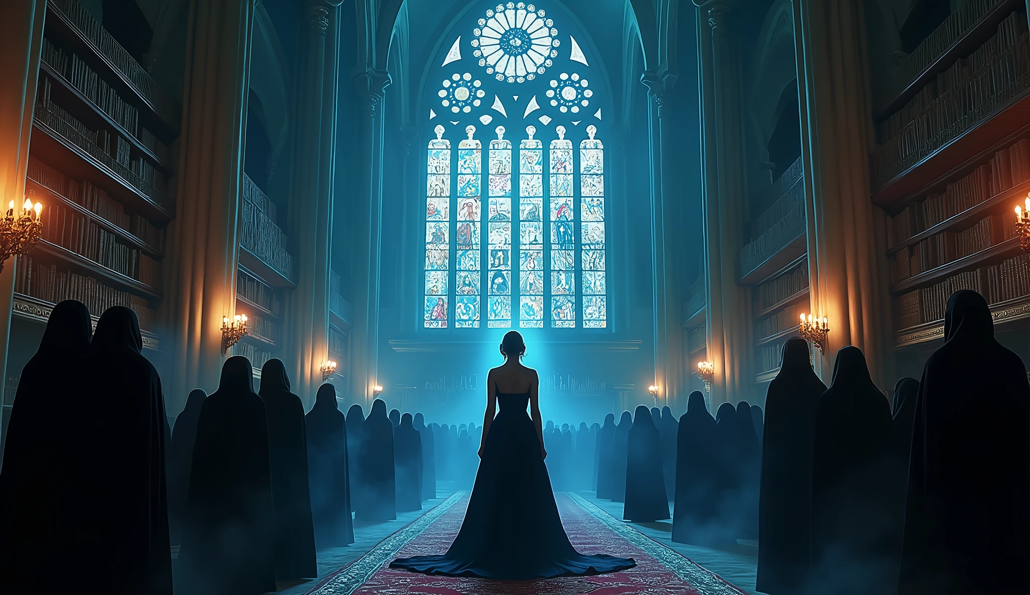 8k、 big dark moon , Glamorous woman ,zoom up, large stained glass(number々の賞を受賞したmasterpiece、Incredible detail、Texture、Maximum details),blue flame candle, (summoning magic),(The moonlight at night is beautiful), (Demon King's Castle),(dark organization)arafed image of a group of people in a church with candles,lit candle, dark cinematic concept art, elegant cinematic fantasy art, photorealistic dark concept art, by Beeple, dark robes, wojtek fus, gothic epic library concept, gothic epic library, epic cinematic concept art, dark concept art, Beeple and mike winkelmann, symmetrical epic fantasy art, High resolution, masterpiece, Highest quality, Intricate details, Very detailed, Clear focus, practical skin texture, texture, Shot with Canon, 85mm, Shallow and deep, Kodak Vision Color, Exactly, Very detailed, photograph_\(Extremist\), photographpractical, practical, Post-processing, Maximum details, Roughness, Real Life, Extremist practical, Photorealism, photographgraphy, 8K Ultra HD, photographgraphy