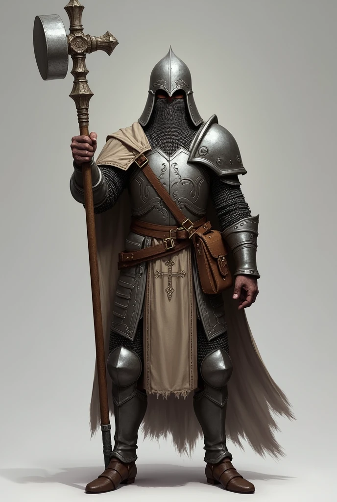 An RPG cleric with light chain mail armor, a staff with a cross on the end, a hammer on the waist, gray background and a bag at the waist, Please