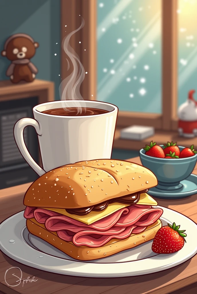 Create an image for an advertising poster, The place sells sandwiches and hot chocolate. . The sandwich has 1 mortadella and 1 slice of cheese, The sandwich is only 1 tier. This food is ideal for the cold.. Let the price of 1 dollar stand out, The text must say "mortadella and cheese sandwich + chocolate", caricature style, THE TEXT MUST BE IN SPANISH