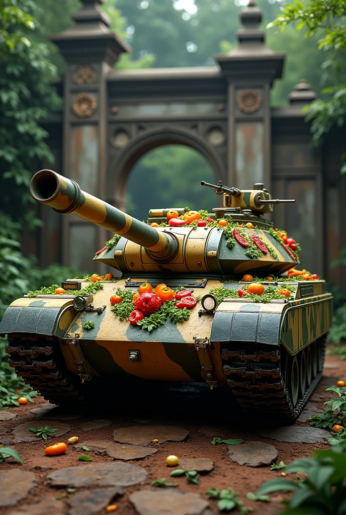 The T90 tank has a fierce pattern, is very scary, has a lot of bomb shields around it, is a plate of Thai food, and is in a forest temple.