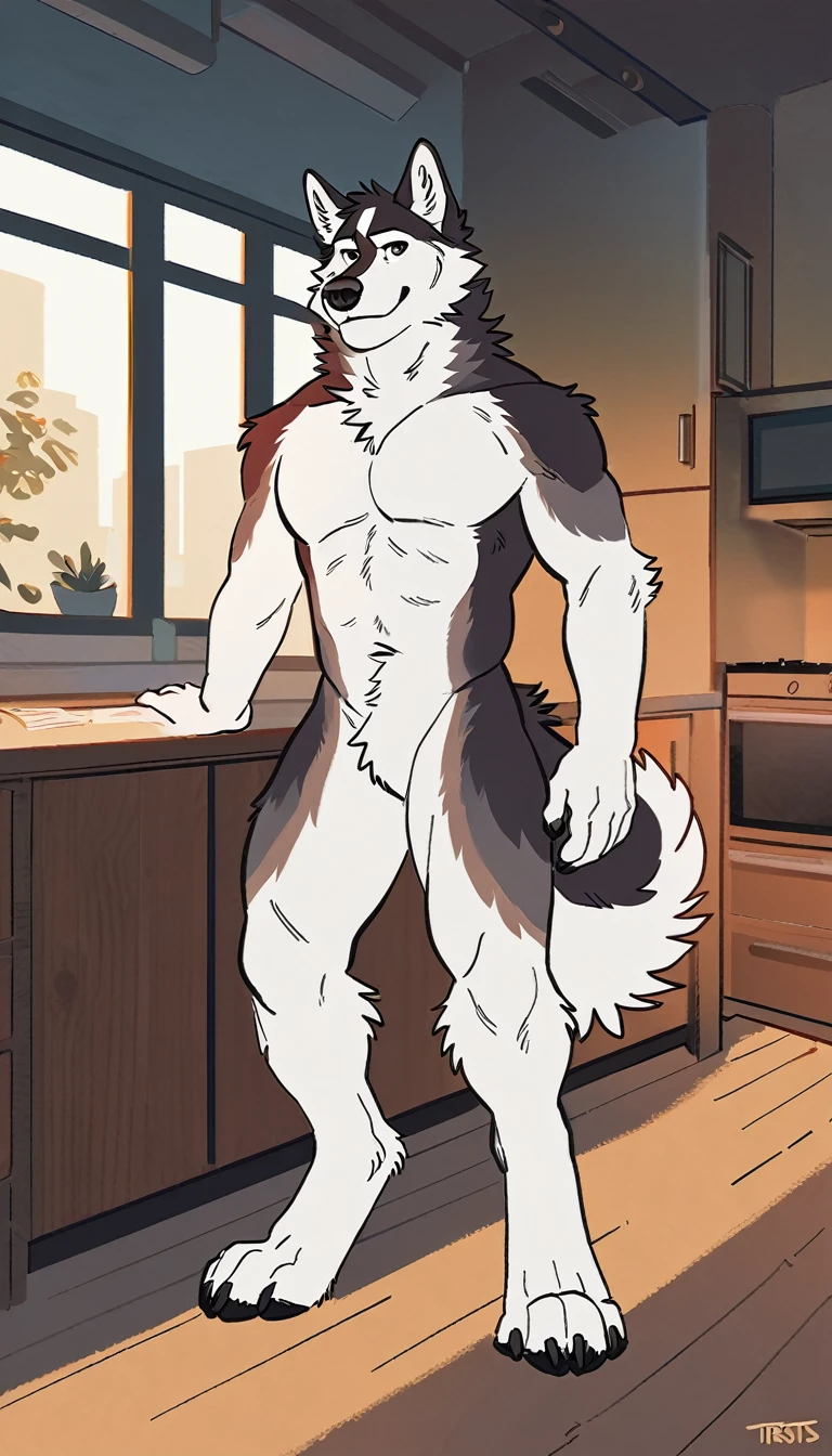 solo, male, anthro (striped husky), by tritscrits, (by botch:0.7), digitigrade, digital artwork, (flat colors:1.3), striped brown husky tail, mature male, sexy, ((detailed background)), athletic, white fur, looking at camera,