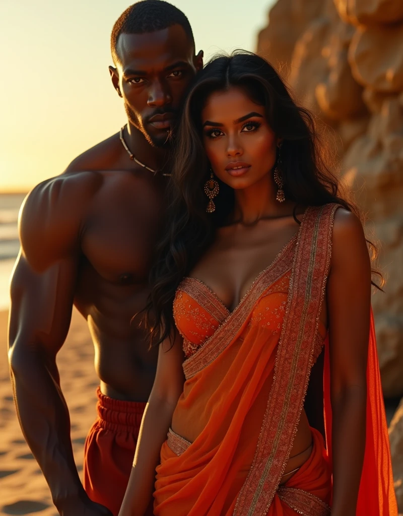 beautiful detailed eyes, beautiful detailed lips, extremely detailed eyes and face, long eyelashes, 1girl, 1man, indian woman in tight saree,  saree, muscular african man, full body, outdoor, front pose, dynamic lighting, golden hour, vivid colors, cinematic, epic scale, hyper detailed, (best quality,4k,8k,highres,masterpiece:1.2),ultra-detailed,(realistic,photorealistic,photo-realistic:1.37)