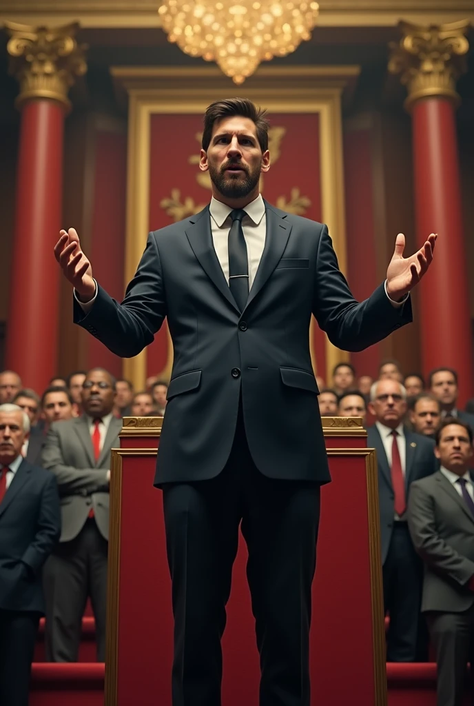 Messi is a political leader who is giving a blow in the stage.