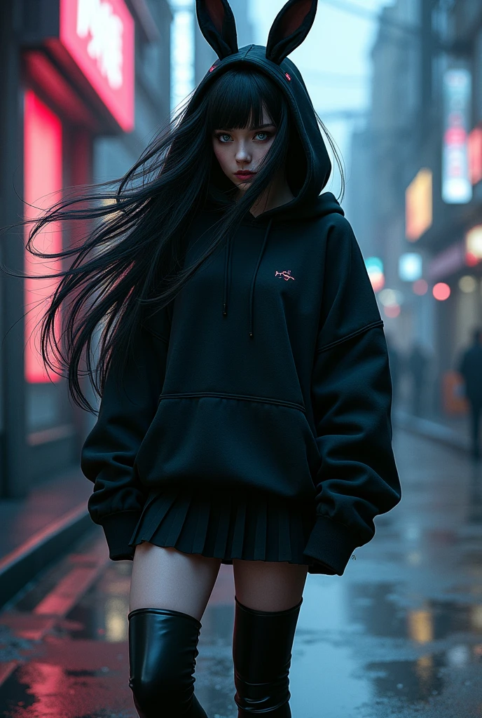 dark techno,cyberpunk,1 person、masterpiece, Highest quality, Very detailed、Black Hair、Long hair without bangs、Shiny, flowing hair、Iris、Tree Eyes、Black hoodie with rabbit ears, Black Skirt、Black thigh-high heeled boots、Diagonal angle、Midnight、Urban Background