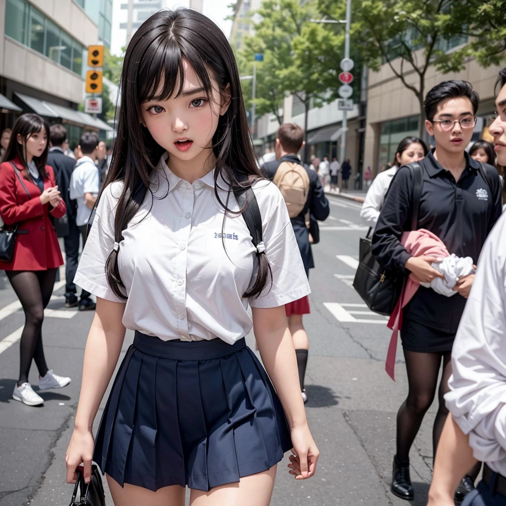 Beautiful and innocent high school girls and perverted men, Molested by perverted men lying in wait, A beautiful girl with a baby face like an idol, Not wearing a school uniform skirt, She screams with her mouth open in shame at being seen naked in public, Glaring shyly at the viewer, Touched by perverted men, There's no escape, Beautiful black hair, Increased sensitivity, Beautiful Eyes, Ultra high definition, Clear white skin, Slender body, Japanese, Anatomically correct