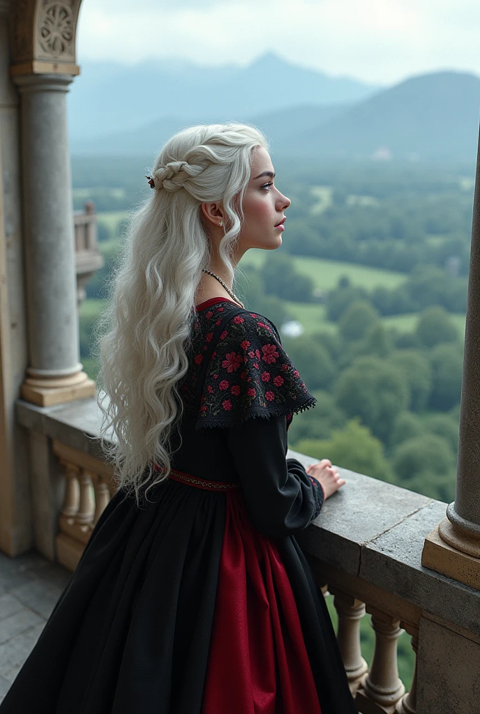 Create a girl a targaryen. She is a beautiful girl with an angelic face and long, curly, platinum-colored hair./white and she has violet eyes and she will be wearing a black and red medieval dress, and you will be on a balcony looking at the view *balcony of a castle*