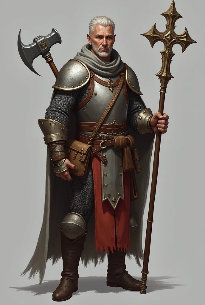 An RPG cleric with light chain mail armor, a staff with a cross on the end, a hammer on the waist, gray background and a bag at the waist, Please
