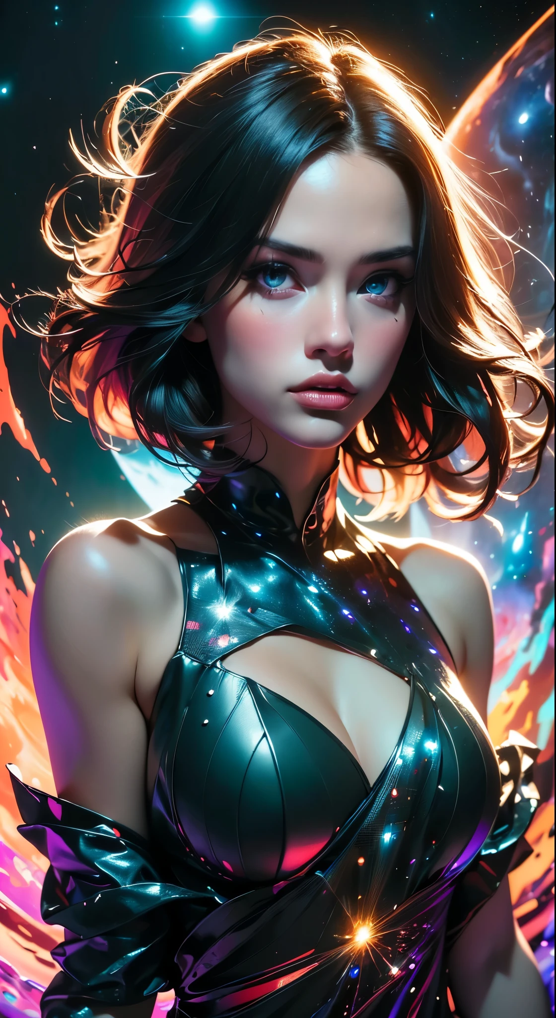 (masterpiece, best quality, highres, high resolution:1.2), extremely detailed, realistic, intricate details, 1girl, solo, looking at viewer, (abstract art:1.3), (dark theme:1.2), art, stylized, deep shadow, dark theme, cosmic dress, cosmic beauty, in space, nebula, (cinematic lighting, bloom, volumetric),