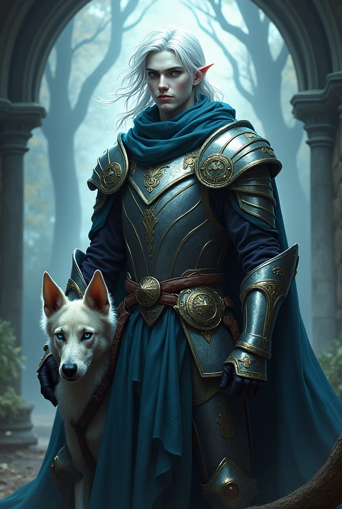 A changeling from dnd with white hair and blue eyes. He wears paladin armor and owns a mastiff. He has a hood. He is pale