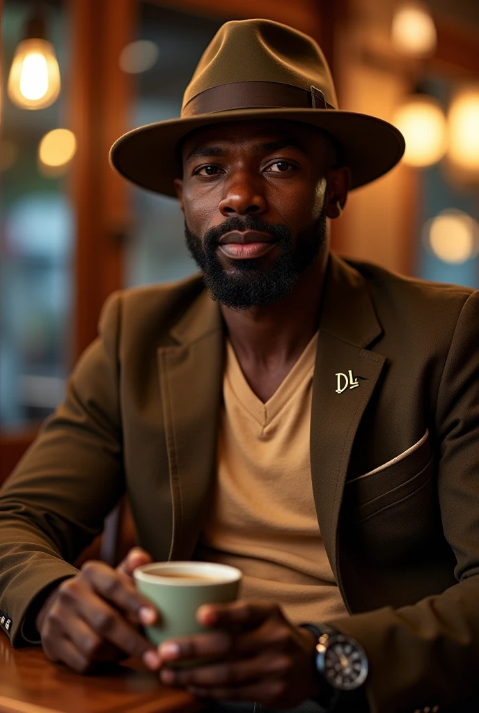 Forty year old black man, very elegant and sophisticated, with a goatee,wearing a gangster fedora hat, from middle aba, camiseta baby look gola v, in sand color, tailoring suit, slim in coffee and brown colors, Italian cut Italian loafer shoes in military green On the hat band and on the lapel of the blazer are written the initials DL The image takes place at dusk in a coffee shop